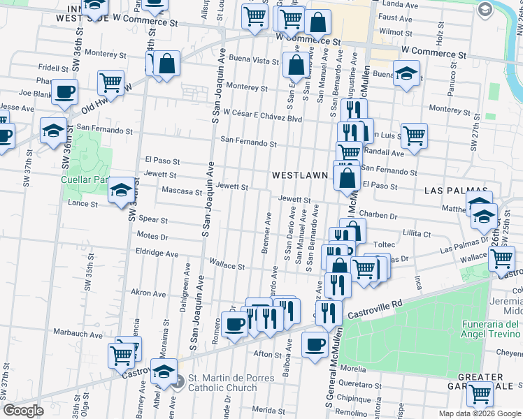 map of restaurants, bars, coffee shops, grocery stores, and more near 113 Brenner Street in San Antonio