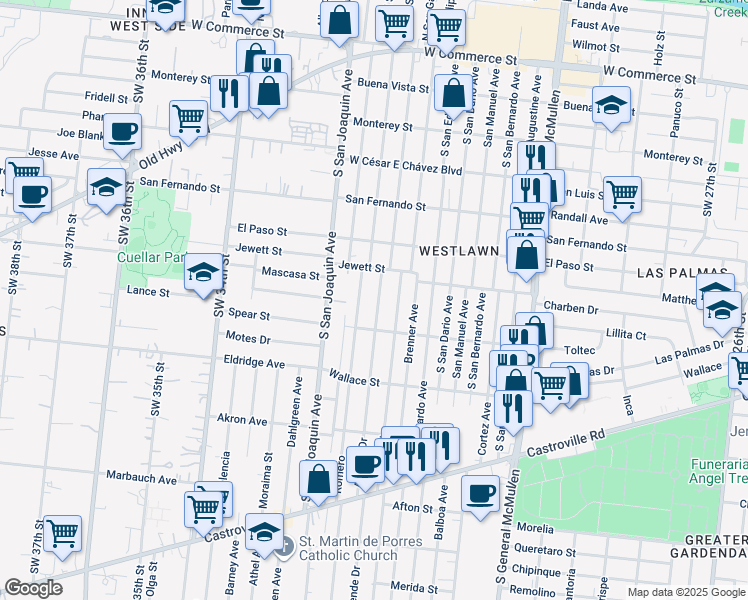 map of restaurants, bars, coffee shops, grocery stores, and more near 819 Allende Drive in San Antonio