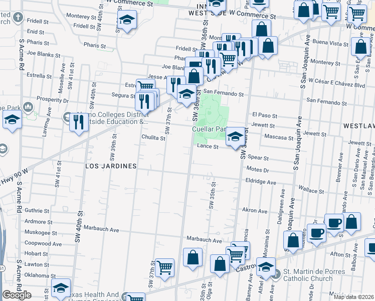 map of restaurants, bars, coffee shops, grocery stores, and more near 611 Southwest 36th Street in San Antonio