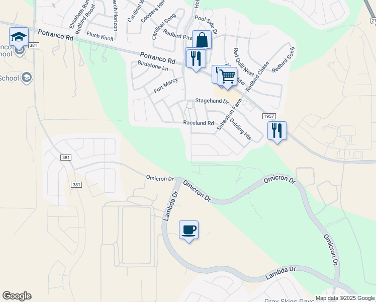 map of restaurants, bars, coffee shops, grocery stores, and more near 943 Hyperion Lane in San Antonio