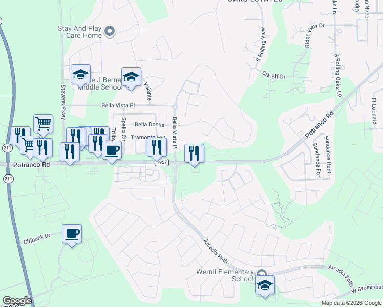 map of restaurants, bars, coffee shops, grocery stores, and more near 13706 Iniga in San Antonio