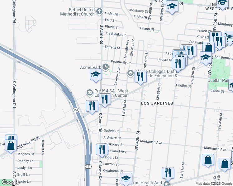 map of restaurants, bars, coffee shops, grocery stores, and more near 103 Westridge Drive in San Antonio