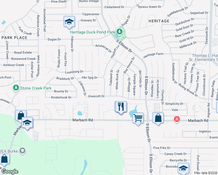 map of restaurants, bars, coffee shops, grocery stores, and more near 1314 Tideland Street in San Antonio