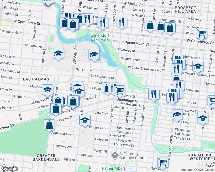 map of restaurants, bars, coffee shops, grocery stores, and more near 135 Holly Street in San Antonio