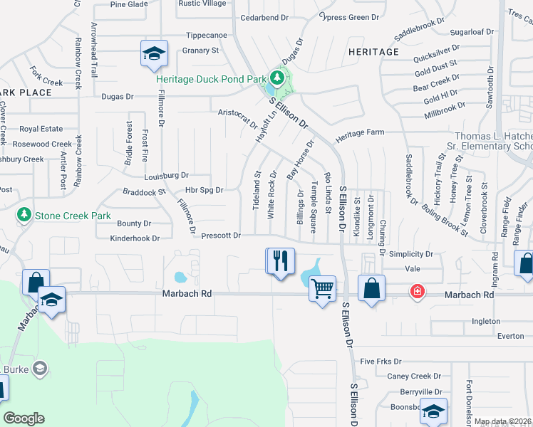 map of restaurants, bars, coffee shops, grocery stores, and more near 1314 Tideland Street in San Antonio