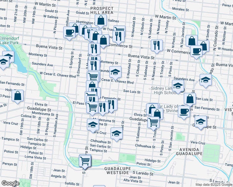 map of restaurants, bars, coffee shops, grocery stores, and more near 607 South Chupaderas Street in San Antonio