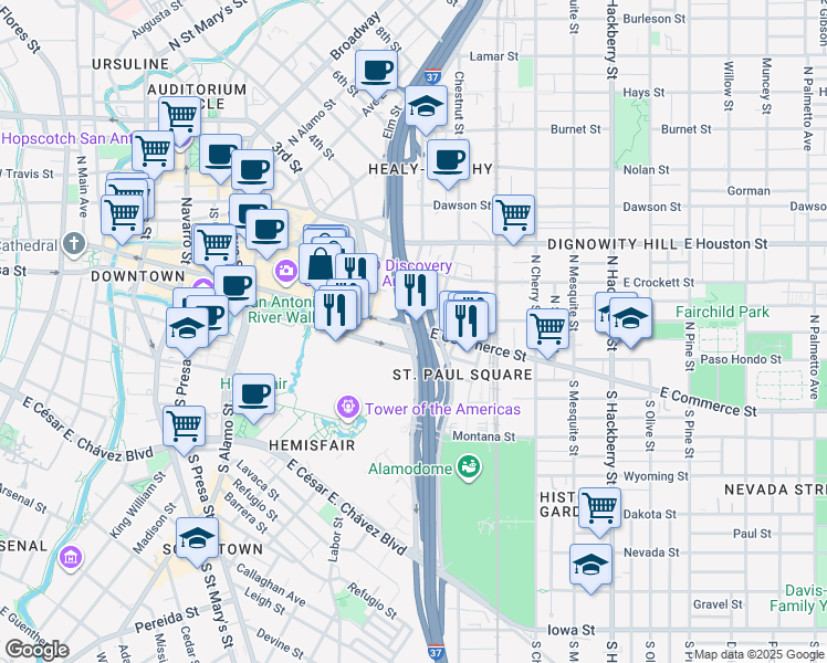 map of restaurants, bars, coffee shops, grocery stores, and more near 1070 East Commerce Street in San Antonio