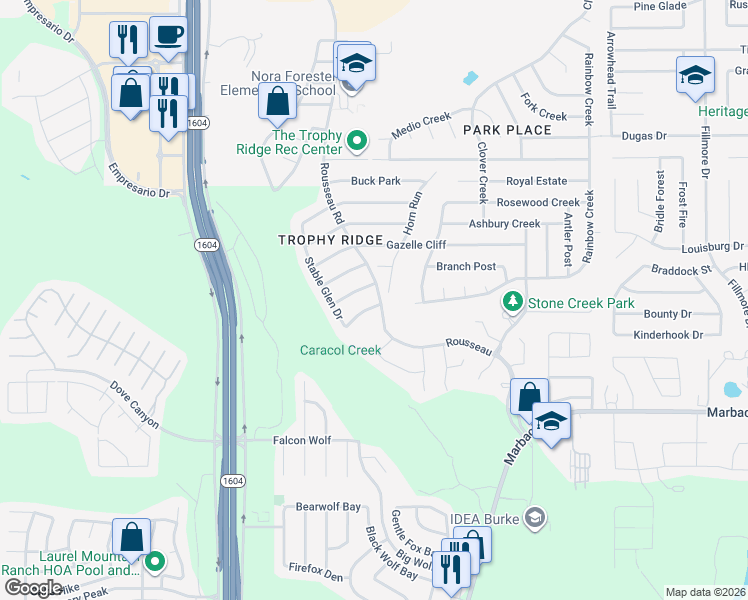 map of restaurants, bars, coffee shops, grocery stores, and more near 10706 Gazelle Cliff in San Antonio
