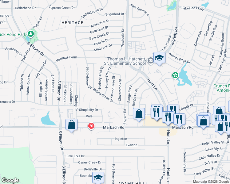 map of restaurants, bars, coffee shops, grocery stores, and more near 1043 Cloverbrook St in San Antonio