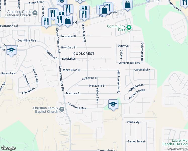 map of restaurants, bars, coffee shops, grocery stores, and more near 12034 White Birch Street in San Antonio