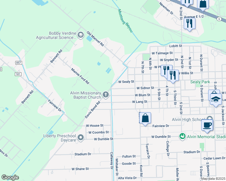 map of restaurants, bars, coffee shops, grocery stores, and more near 2013 West Sidnor Street in Alvin