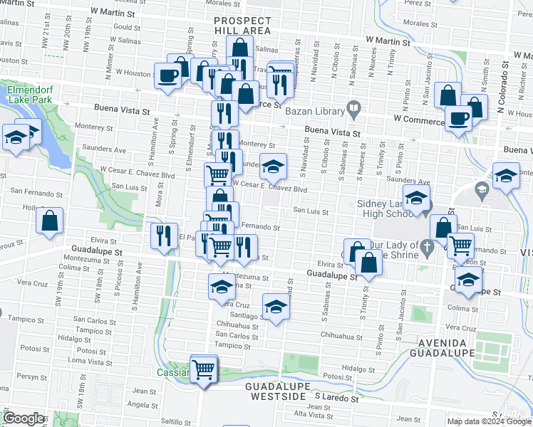 map of restaurants, bars, coffee shops, grocery stores, and more near 2318 San Luis Street in San Antonio
