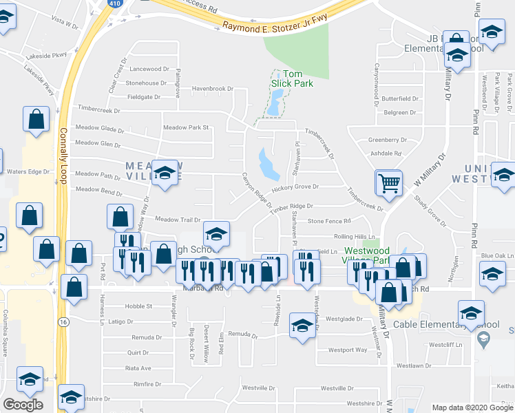 map of restaurants, bars, coffee shops, grocery stores, and more near 7202 Hickory Grove Drive in San Antonio