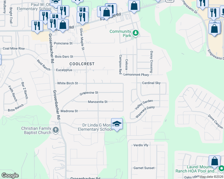 map of restaurants, bars, coffee shops, grocery stores, and more near 11930 White Birch Street in San Antonio