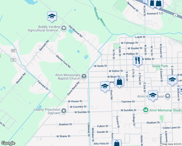 map of restaurants, bars, coffee shops, grocery stores, and more near 2013 West Sidnor Street in Alvin