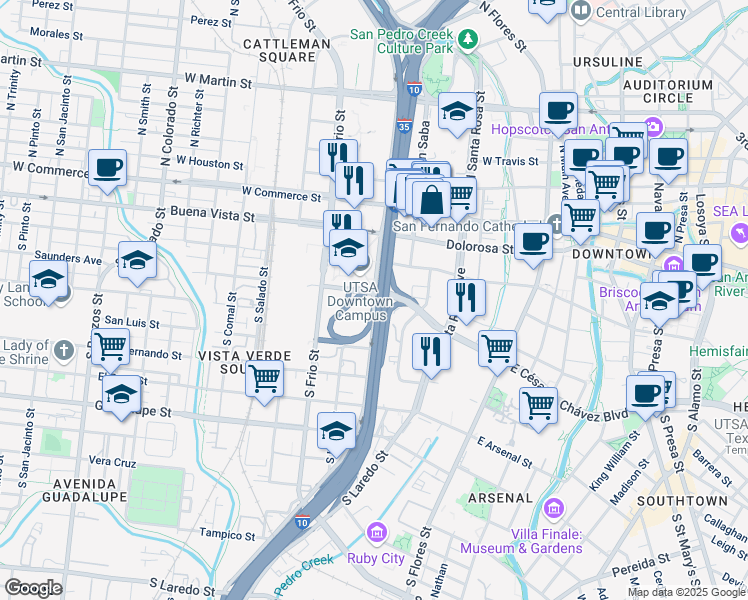 map of restaurants, bars, coffee shops, grocery stores, and more near 440 La Trinidad Street in San Antonio