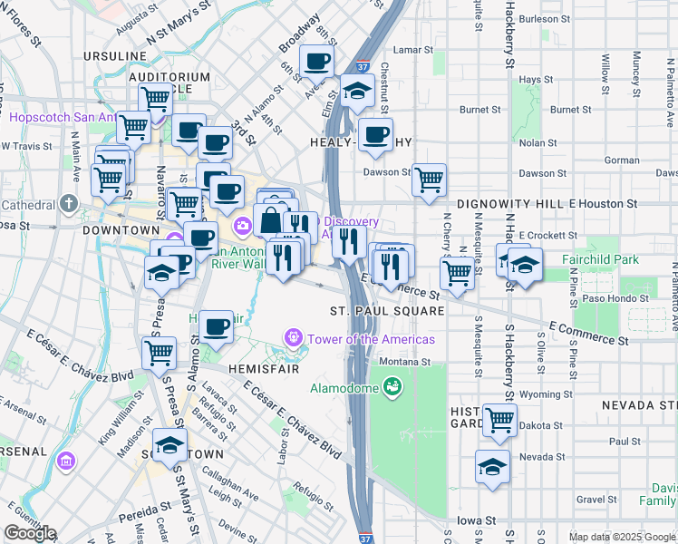 map of restaurants, bars, coffee shops, grocery stores, and more near 1070 East Commerce Street in San Antonio