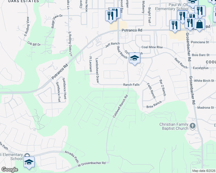 map of restaurants, bars, coffee shops, grocery stores, and more near 1191 Ranch Falls in San Antonio