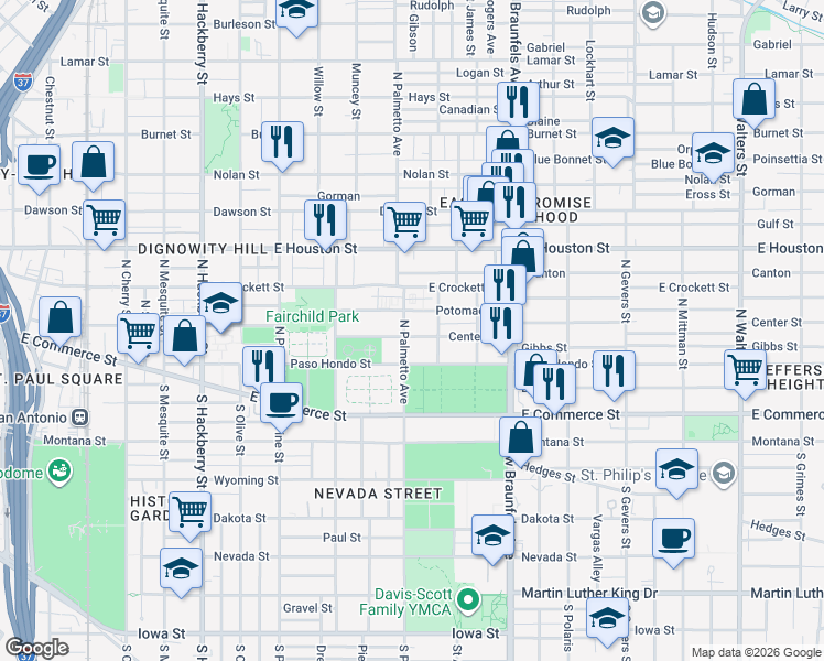 map of restaurants, bars, coffee shops, grocery stores, and more near 1015 Center Street in San Antonio