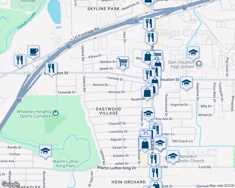 map of restaurants, bars, coffee shops, grocery stores, and more near 280 Kenmar Drive in San Antonio