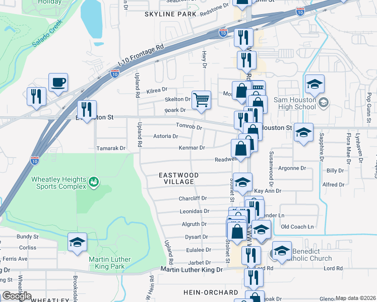 map of restaurants, bars, coffee shops, grocery stores, and more near 280 Kenmar Drive in San Antonio