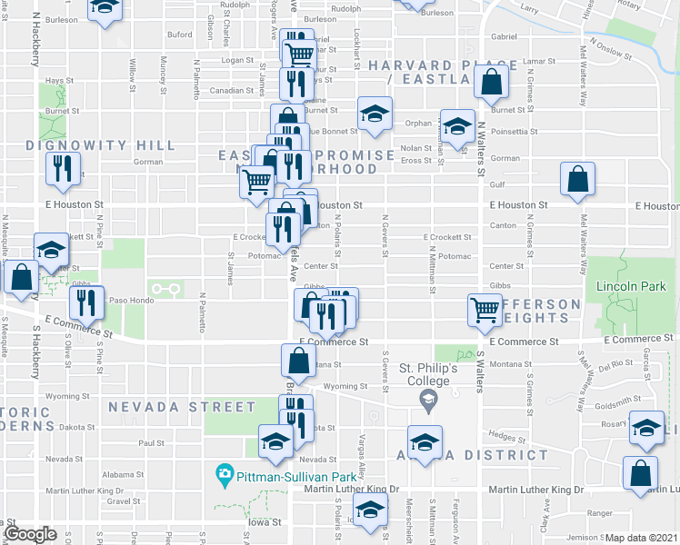 map of restaurants, bars, coffee shops, grocery stores, and more near 1416 Center Street in San Antonio