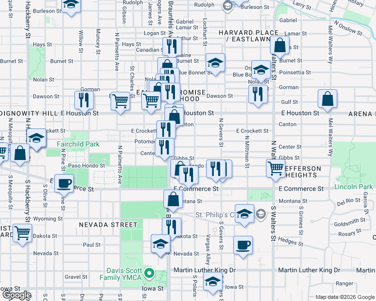 map of restaurants, bars, coffee shops, grocery stores, and more near 1324 Center Street in San Antonio