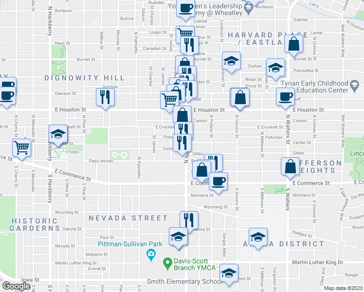 map of restaurants, bars, coffee shops, grocery stores, and more near 305 North New Braunfels Avenue in San Antonio