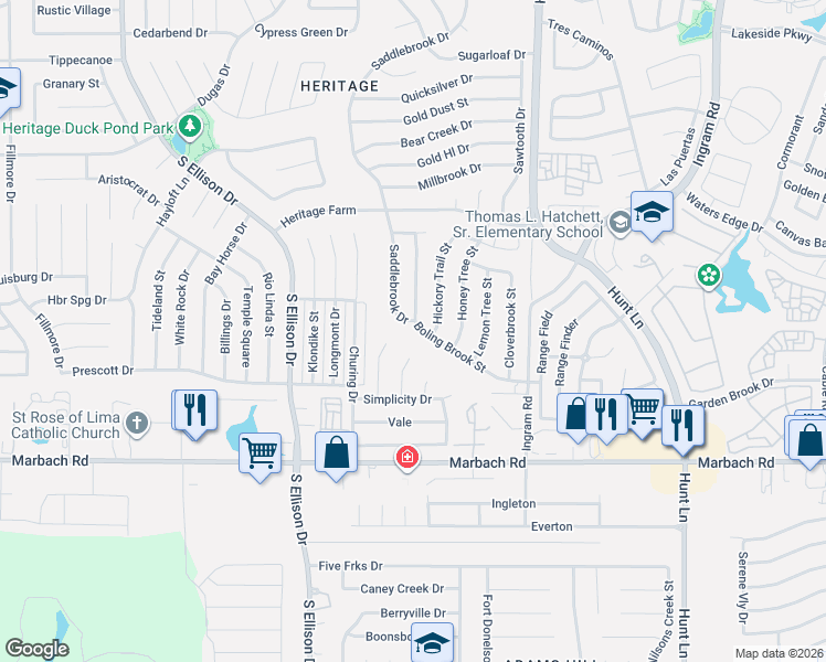 map of restaurants, bars, coffee shops, grocery stores, and more near 1110 Boling Brook Street in San Antonio