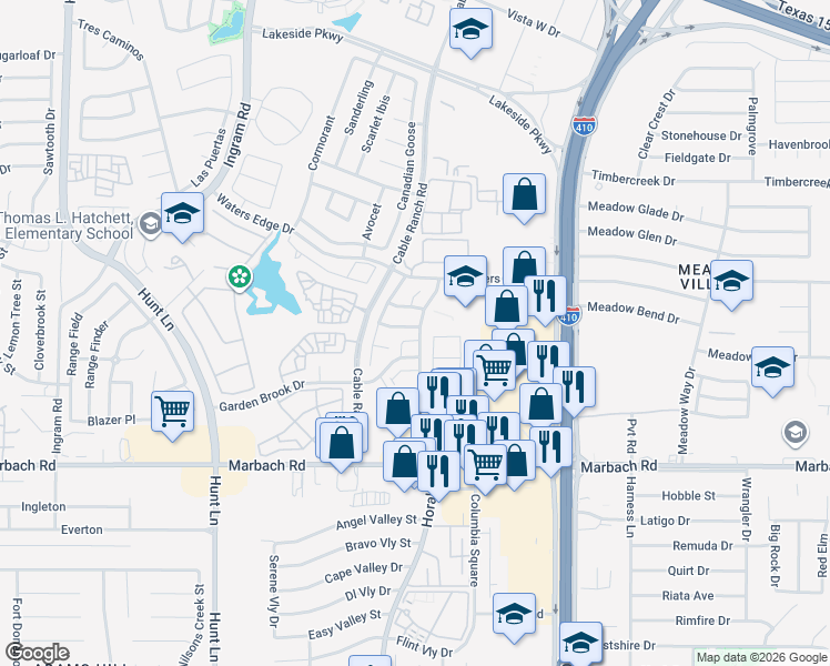 map of restaurants, bars, coffee shops, grocery stores, and more near 8602 Harvest Moon in San Antonio