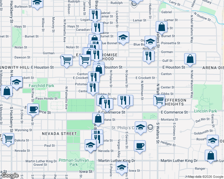 map of restaurants, bars, coffee shops, grocery stores, and more near 1416 Center Street in San Antonio