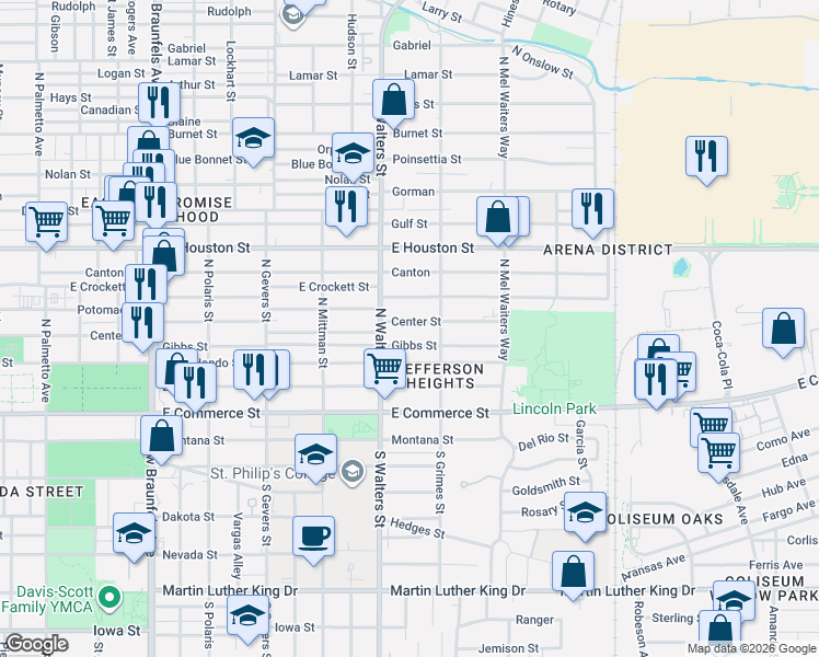 map of restaurants, bars, coffee shops, grocery stores, and more near 1728 Center Street in San Antonio