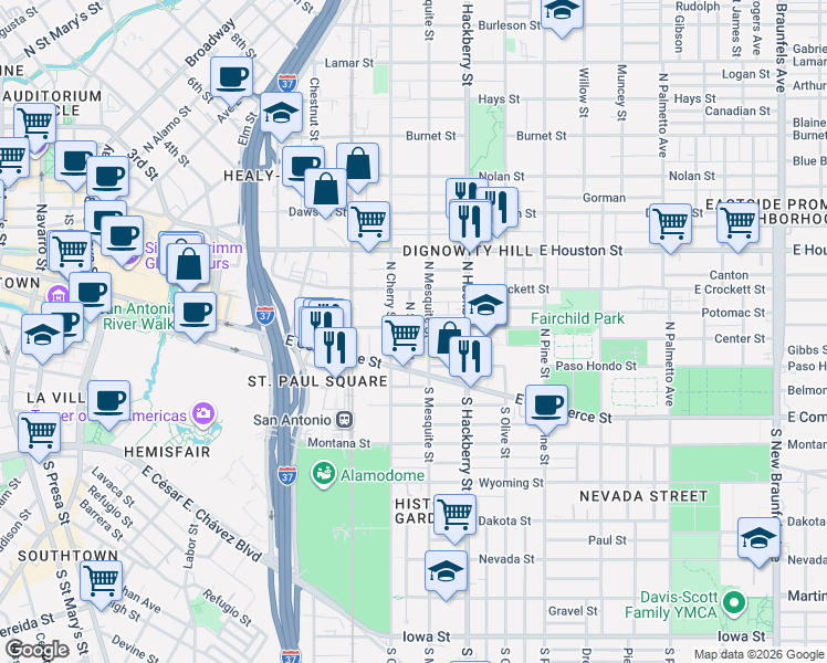 map of restaurants, bars, coffee shops, grocery stores, and more near 139 South Mesquite in San Antonio