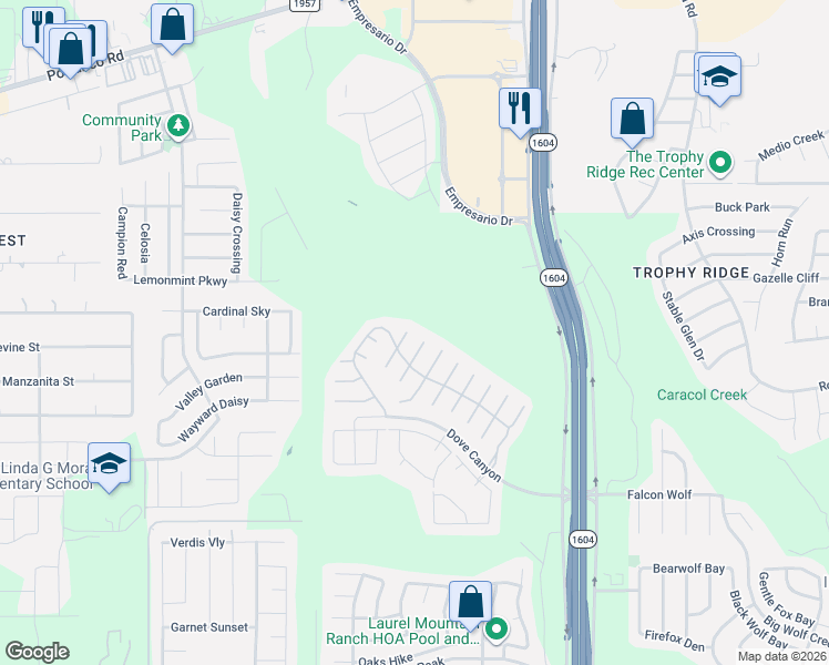map of restaurants, bars, coffee shops, grocery stores, and more near 1303 Oriole Court in San Antonio