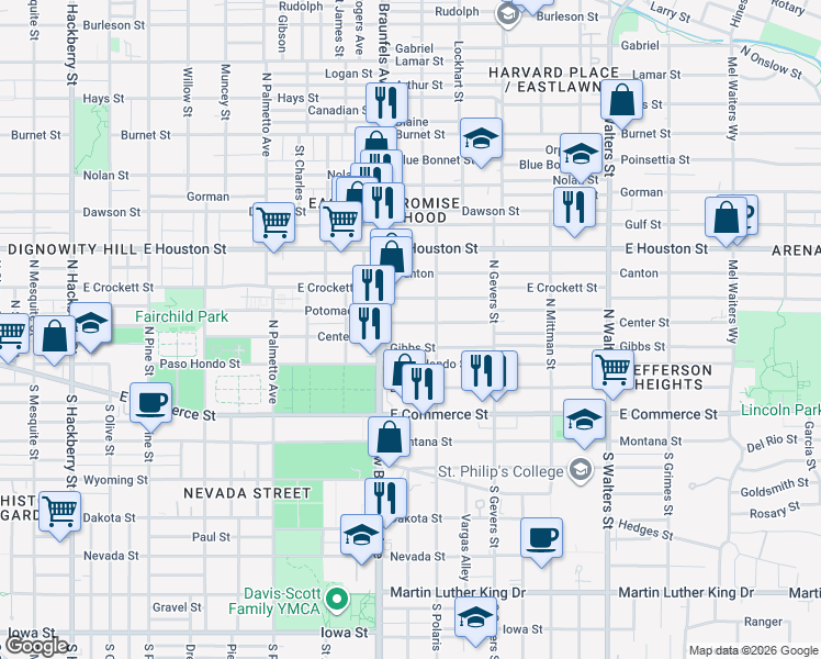map of restaurants, bars, coffee shops, grocery stores, and more near 1324 Center Street in San Antonio