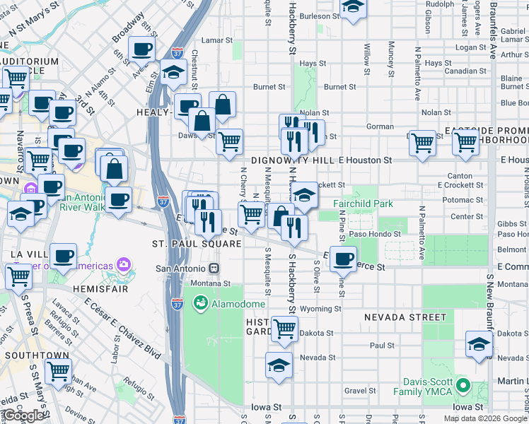 map of restaurants, bars, coffee shops, grocery stores, and more near 139 South Mesquite in San Antonio