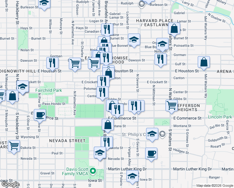 map of restaurants, bars, coffee shops, grocery stores, and more near 1324 Center Street in San Antonio