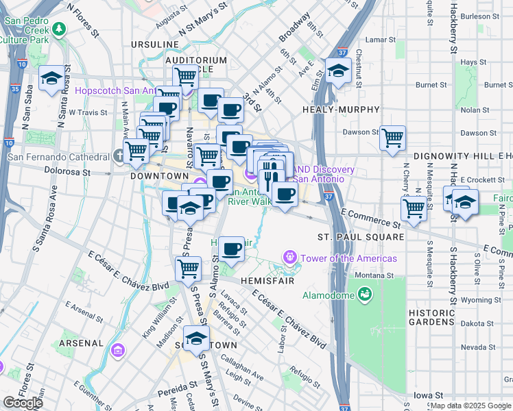map of restaurants, bars, coffee shops, grocery stores, and more near in San Antonio