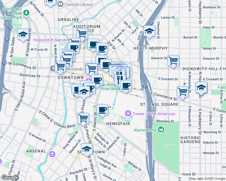 map of restaurants, bars, coffee shops, grocery stores, and more near in San Antonio