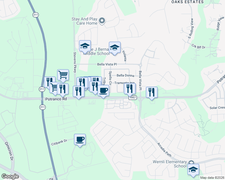 map of restaurants, bars, coffee shops, grocery stores, and more near 923 Siena View in San Antonio