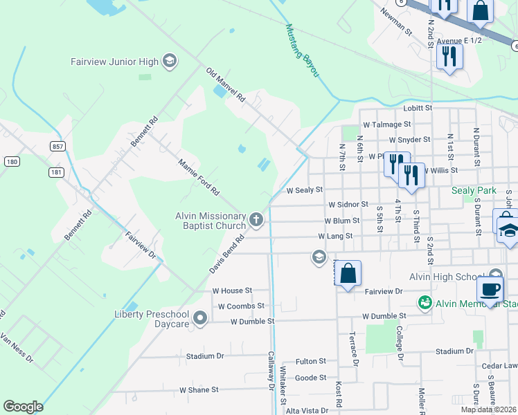 map of restaurants, bars, coffee shops, grocery stores, and more near 1926 West Sealy Street in Alvin