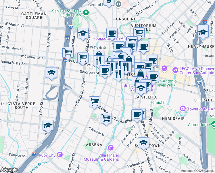 map of restaurants, bars, coffee shops, grocery stores, and more near 110 East Nueva Street in San Antonio