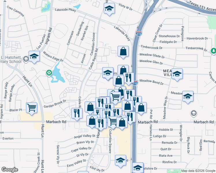 map of restaurants, bars, coffee shops, grocery stores, and more near 1210 Horal Drive in San Antonio