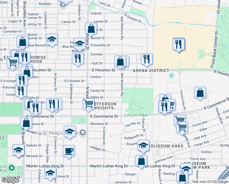 map of restaurants, bars, coffee shops, grocery stores, and more near 1846 Center Street in San Antonio