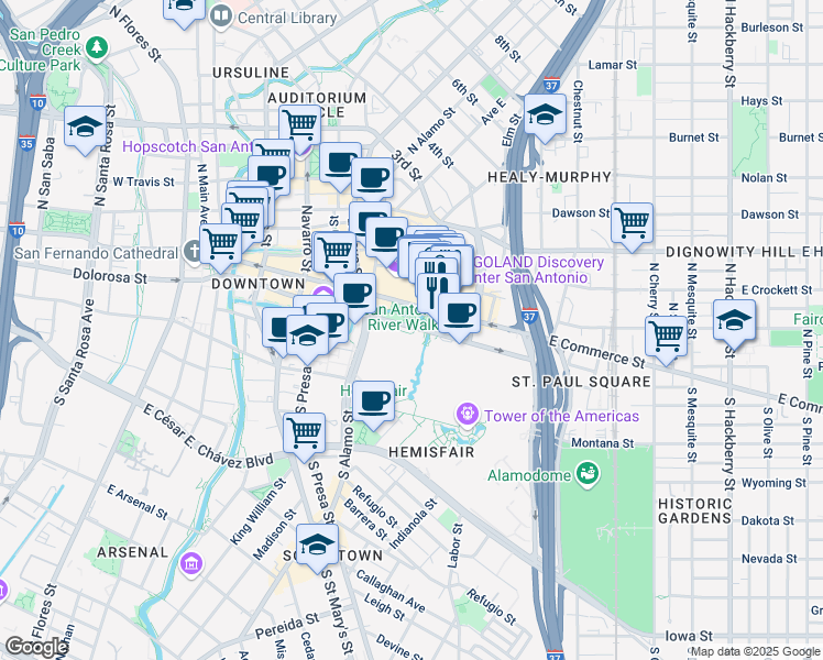 map of restaurants, bars, coffee shops, grocery stores, and more near in San Antonio
