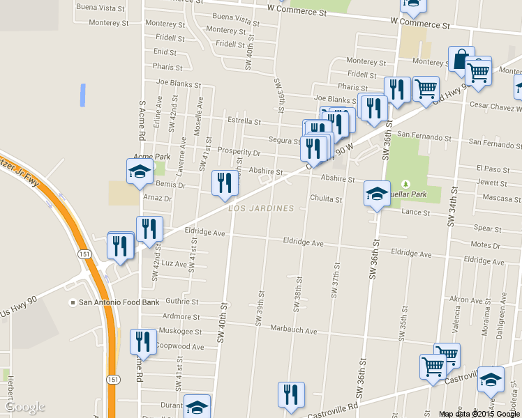 map of restaurants, bars, coffee shops, grocery stores, and more near 615 Southwest 39th Street in San Antonio
