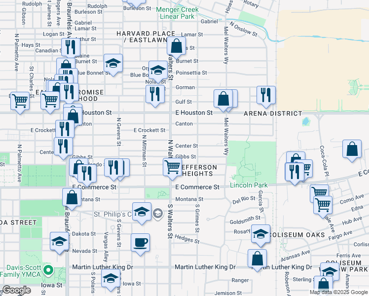 map of restaurants, bars, coffee shops, grocery stores, and more near 1728 Center Street in San Antonio
