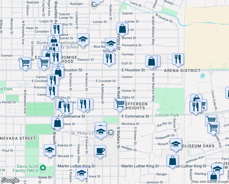map of restaurants, bars, coffee shops, grocery stores, and more near 1653 Center Street in San Antonio
