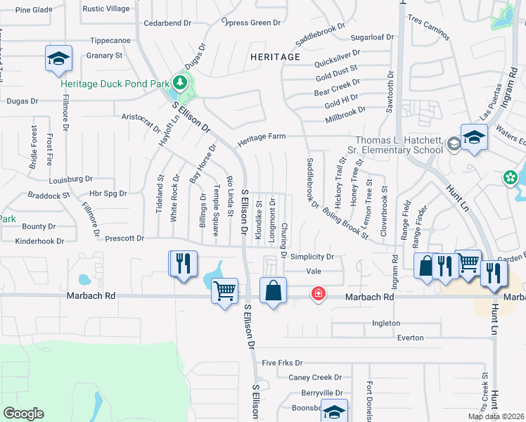 map of restaurants, bars, coffee shops, grocery stores, and more near 1220 Klondike Street in San Antonio