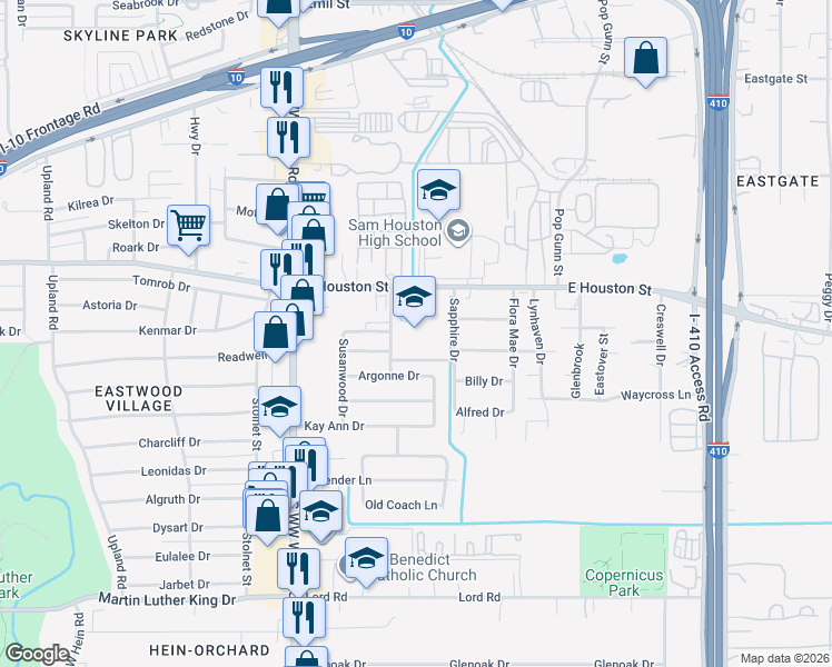 map of restaurants, bars, coffee shops, grocery stores, and more near 4702 East Houston Street in San Antonio